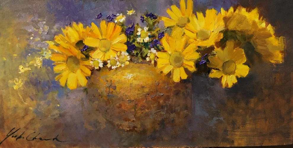 Yellow Daisies in Crock 8x16 $750 at Hunter Wolff Gallery